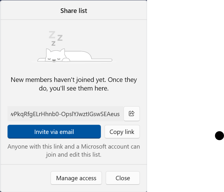 The Share List dialog, with copy link and email buttons 
